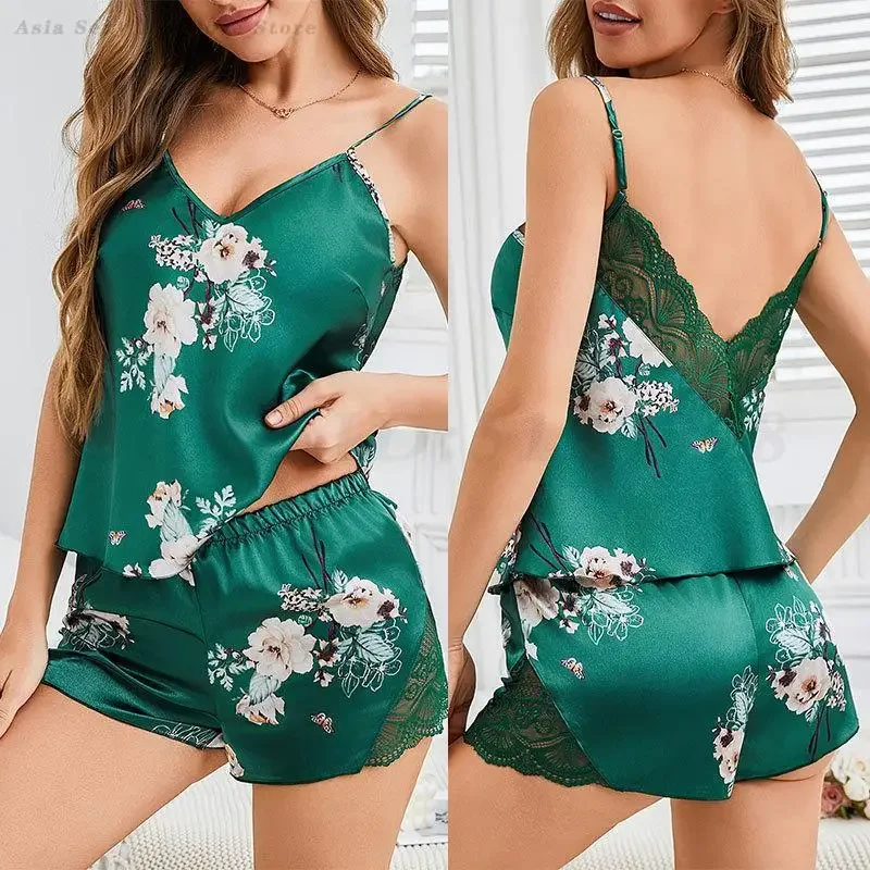 

Printed Pajamas Set Sexy Lace V-Neck Home Clothes Women Sleepwear Loungewear Summer New Cami&Shorts Lingerie Casual Pyjamas Suit