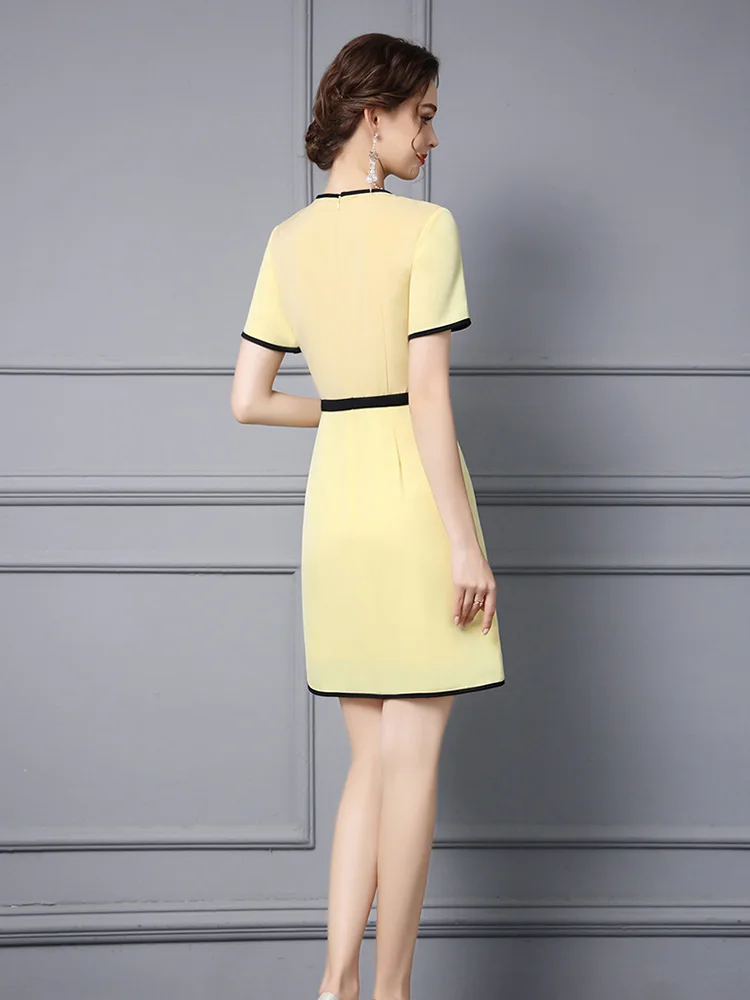 ZJYT elegante semplice Color Block abiti da ufficio giallo estate donna Designer manica corta abiti da festa lunghezza al ginocchio Robe Femmes