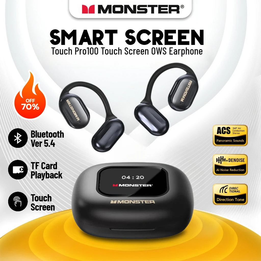 Monster Touch Pro100 Cuffia wireless Smart Touch Screen OWS Auricolare Bluetooth 5.4 Supporto TF Card 30 ore di durata della batteria