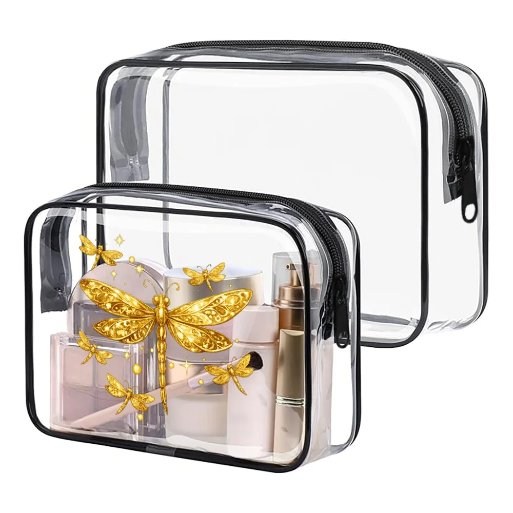 Golden Dragonfly Clear Makeup Bag, Luxury Sparkle Print, Waterproof PVC Cosmetic Pouch