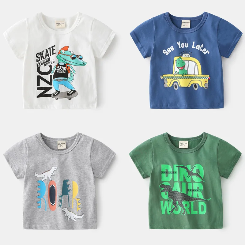 4 Pieces Per Pack Summer Baby Boy Cotton Clothes Children Cartoon Dinosaur Printed Shore Sleeve T-shirts Kid Breathable Top