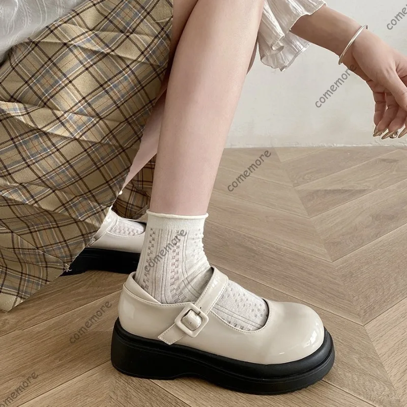 

Comemore универсальные туфли-лодочки с круглой головкой для женщин, кожаные лоферы в стиле ретро, увеличивающие рост, осенние однотонные туфли Мэри Джейн на мелком каблуке