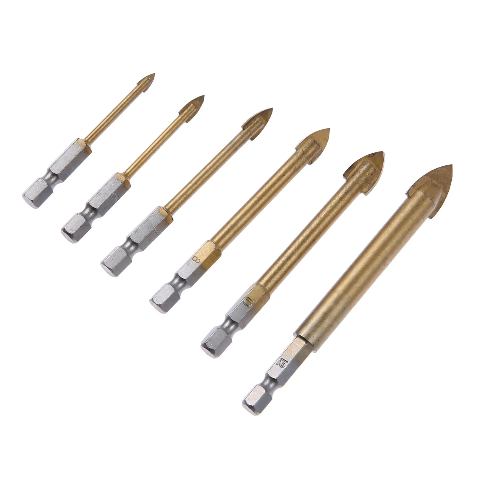 Dreld 6 pçs carboneto de tungstênio de vidro spade broca conjunto titânio revestido com 1/4 "hex shank ferramentas elétricas para perfuração de vidro cerâmica