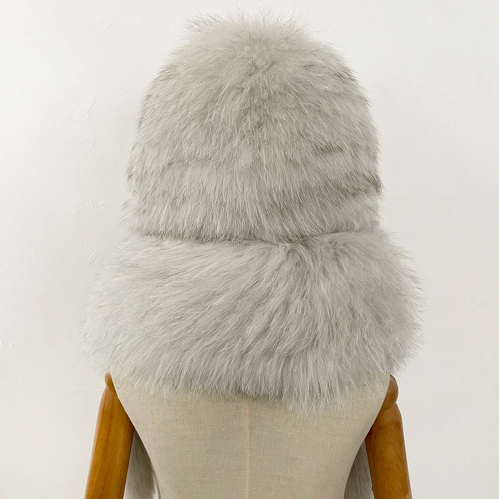 OFTBUY 100% 천연 여우털 모자 스카프 푹신한 가을 겨울 플랫 탑 모자 정품 털 모자 머플러 성인 아동 유니섹스 털 모자