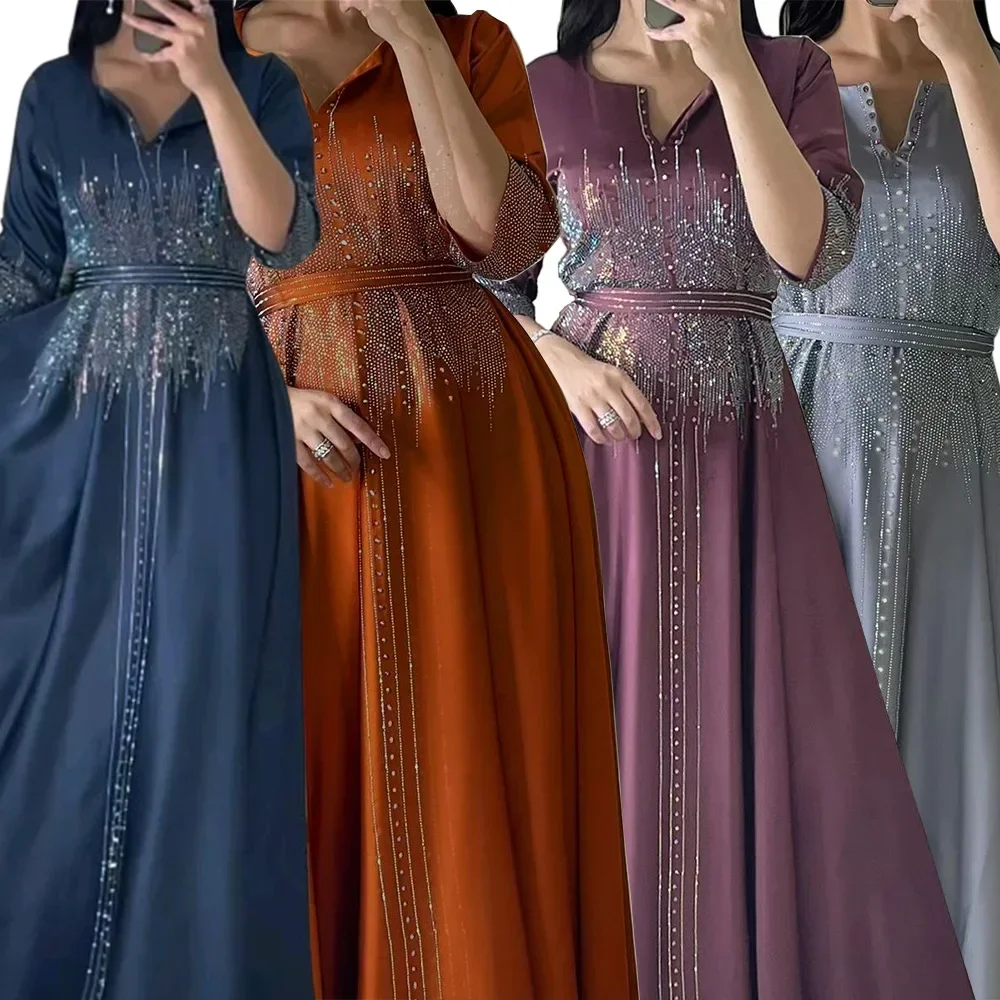 Eid Satin Abend Party Kleider für Frauen Diamanten Muslimischen Abaya Dubai Türkei Kaftan Ramadan Islamischen Jalabiya Arabisch Robe Kaftan