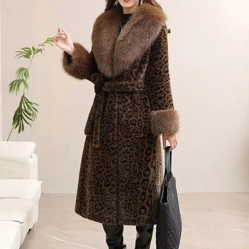 New Leopard Print Fur Jacket Women's Overcoat 2026 Autumn Winter Leather One-Piece Thick Warm Parka Loose Long Fur Collar Jacket
