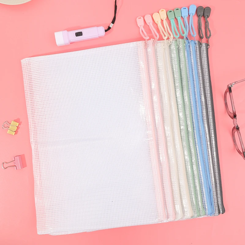 1-5Pcs A4 Mesh Zipper Pouch Waterproof PVC Document Pouch File Organizer Color Large Capacity Student Folder Office Storage Bag