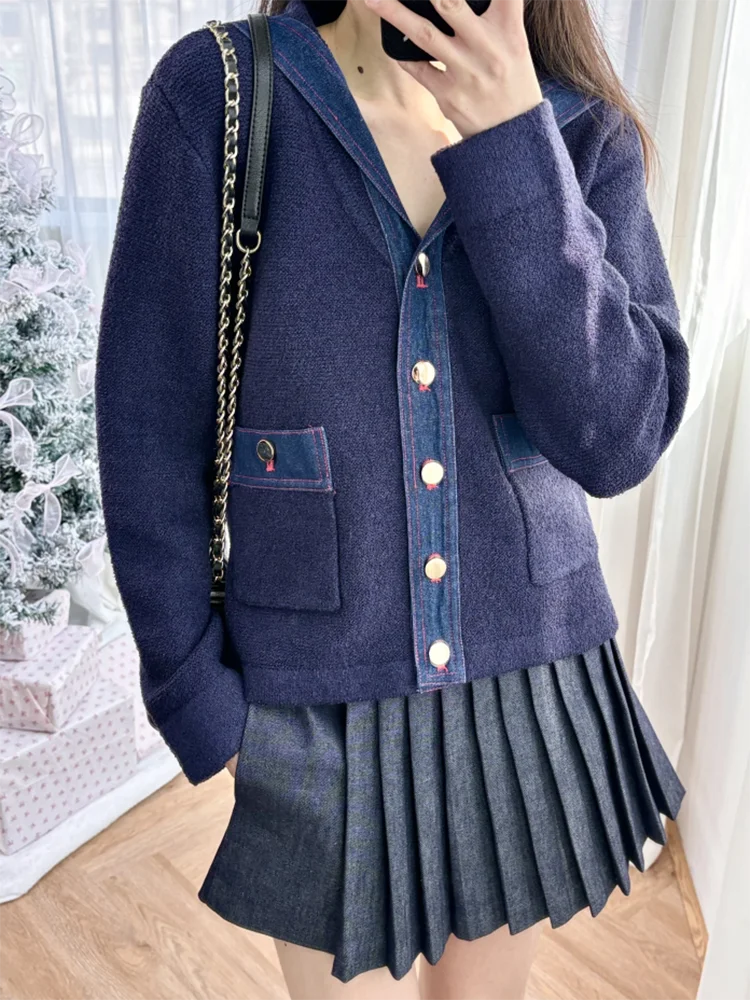 Early spring women's gentle fashion denim patchwork navy collar long sleeve knitted cardigan coat