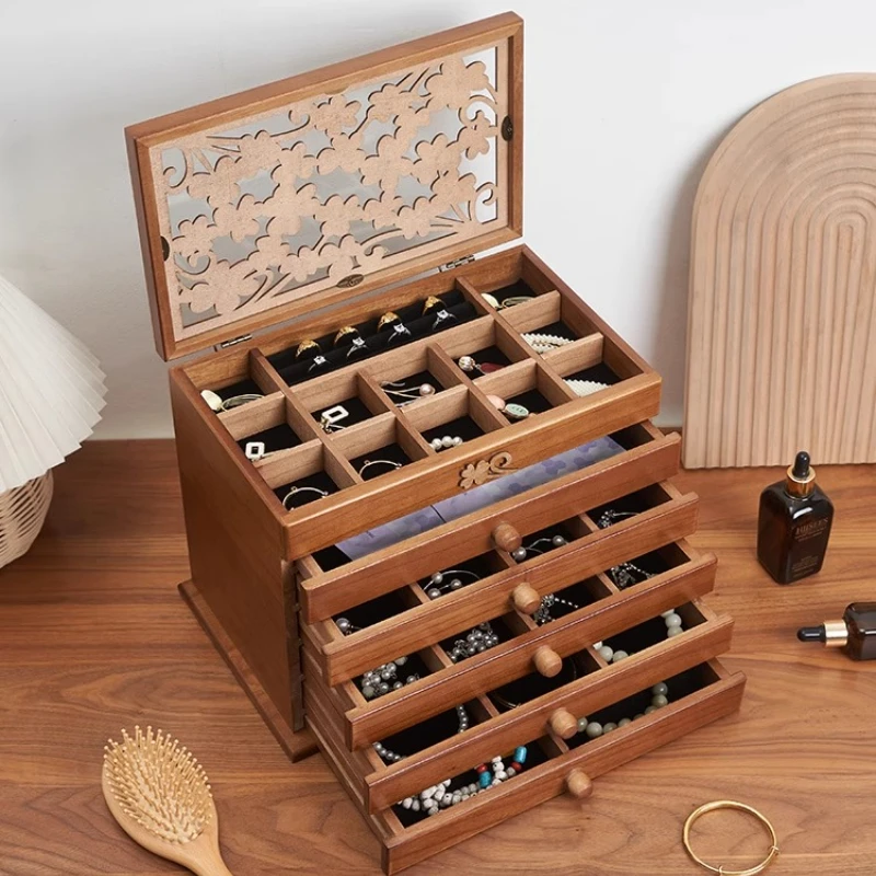 متعدد الطبقات صندوق تخزين المجوهرات الرجعية حلية صندوق تخزين قلادة خشبية أقراط المنظم الحاويات المرأة حلقة سوار #3