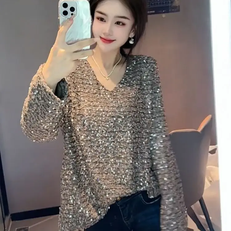 Women Clothing Vintage Split Elegant Chic Basic T Shirt Ladies V Neck Solid Long Sleeve Oversize Tunic Tops TT240