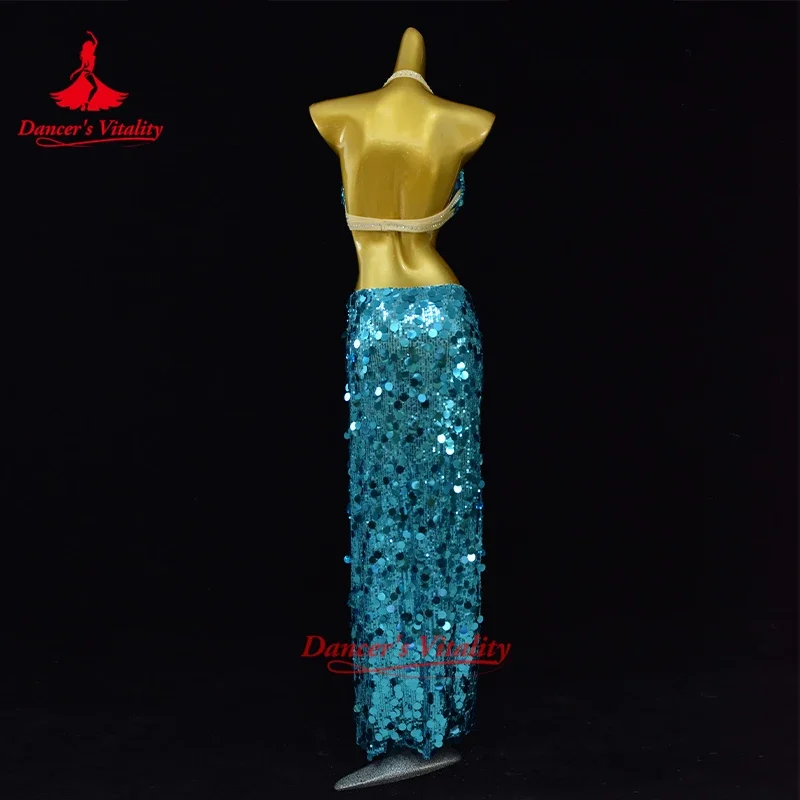 Bauchtanz-Kostüm-Set für Damen, großer Pailletten-BH + sexy langer Rock, 2-teiliger orientalischer Bauchtanz-Performance-Kleidungsanzug für Mädchen – Detail 11