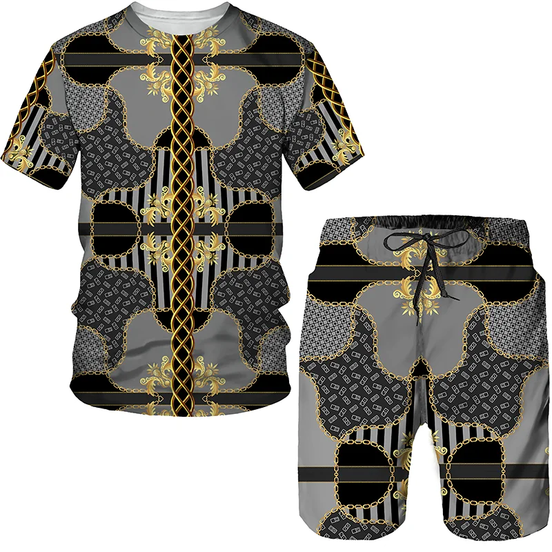 New Men Tracksuit Casual Sets 2023 Summer Fashion Baroque Style 3D Classic Print Oversized T-Shirt/Beach Shorts Men Sports Suit