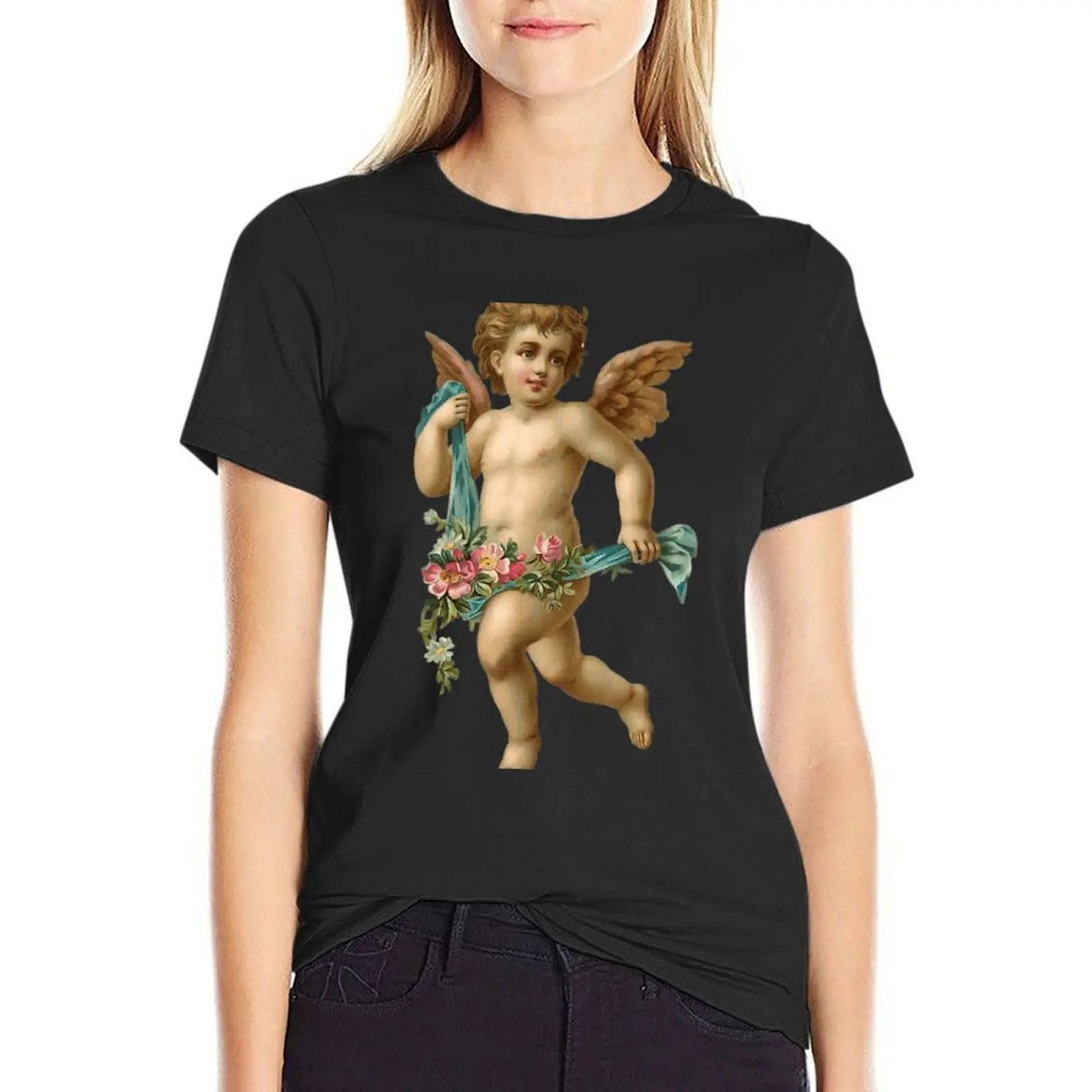 Heavenly vintage cherub with blue sash and flowers T-Shirt customs sports fans tops for Women