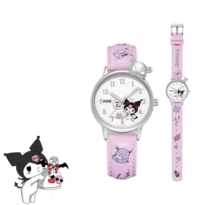 MINISO Sanrio Water Resistant Watches Kawaii Cartoon Anime Hello Kitty Kuromi High Quality White Leather Watch Girl Gifts