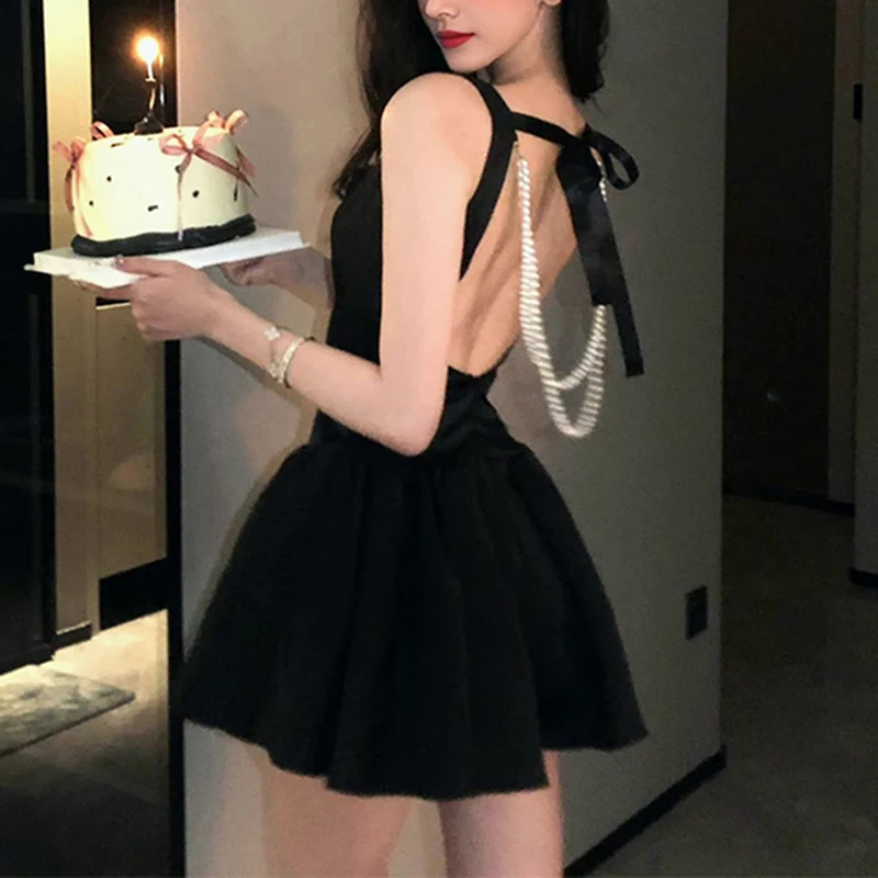 MEXZT Vintage Black Mini Dress Women Party Prom Sexy Backless Pearl Chain Dresses Summer Elegant Korean Bodycon A Line Vestidos