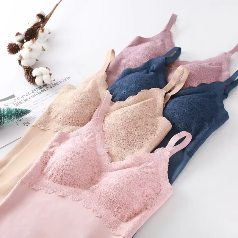 New  Velvet Thermal Underwear Women Non-marking Chest Pad Thermal Vest Women Brushed Heating Lace Flowers Vest Sling