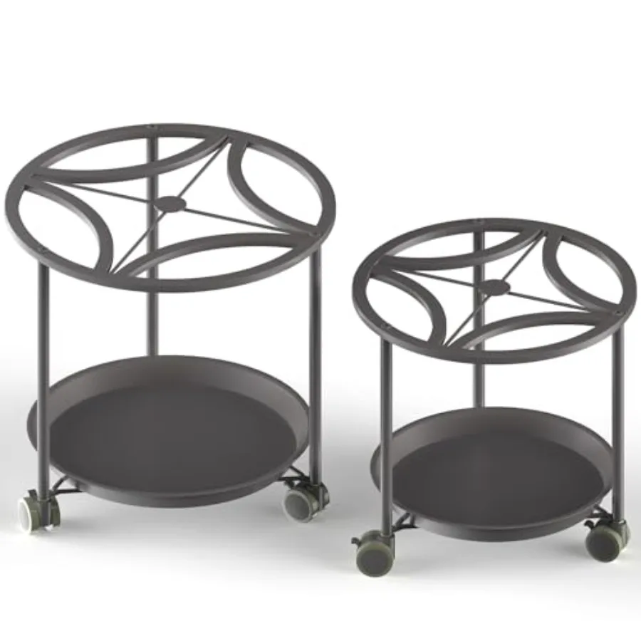 

2-Pack Black Round Rolling Plant Caddies with Water Tray Metal Stands with Wheels, Geometric Pattern, for Indoor Planters 13" a