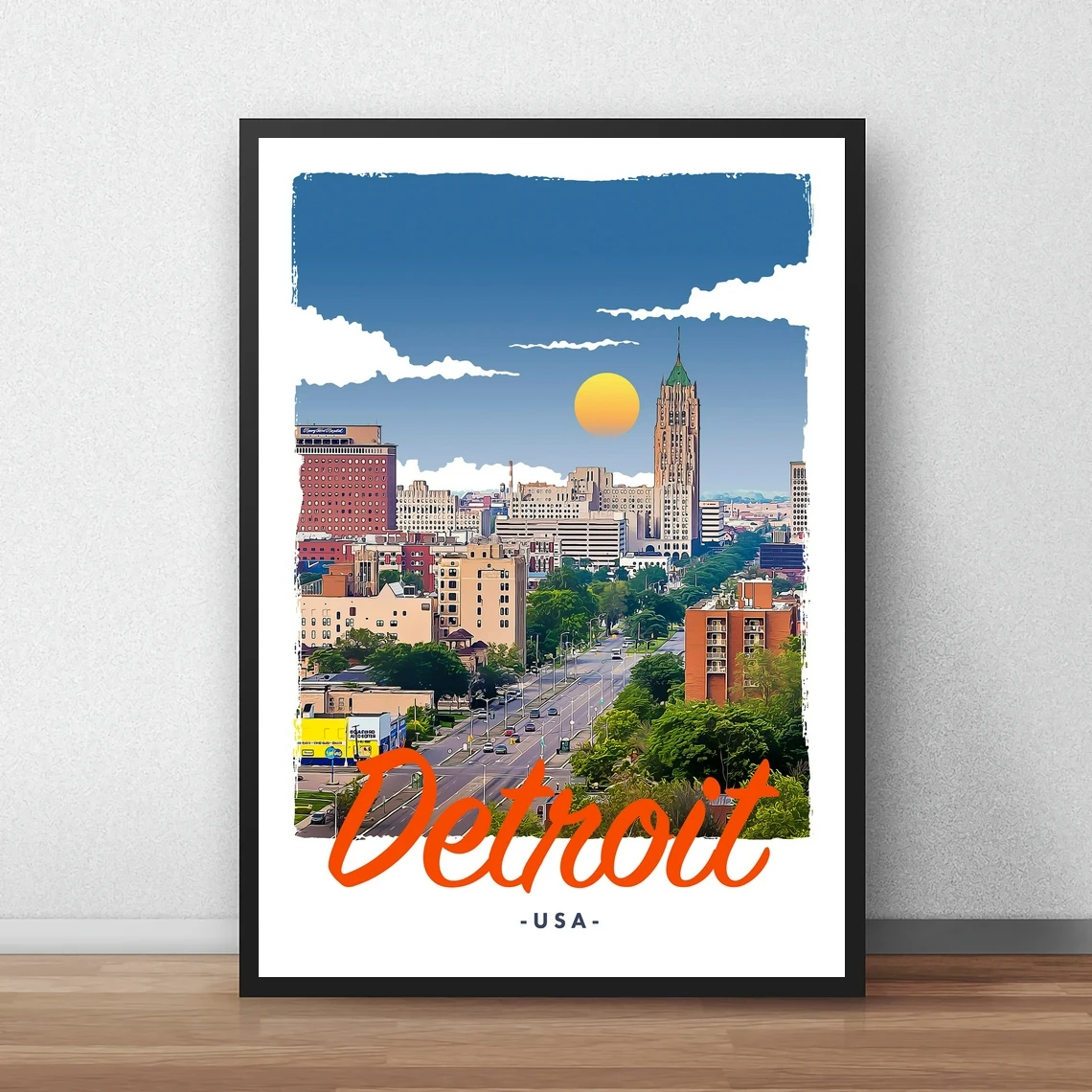 Detroit USA Retro Vintage Style Travel Poster HD Printable Canvas Art Print Home Decor Wall Painting ( No Frame )