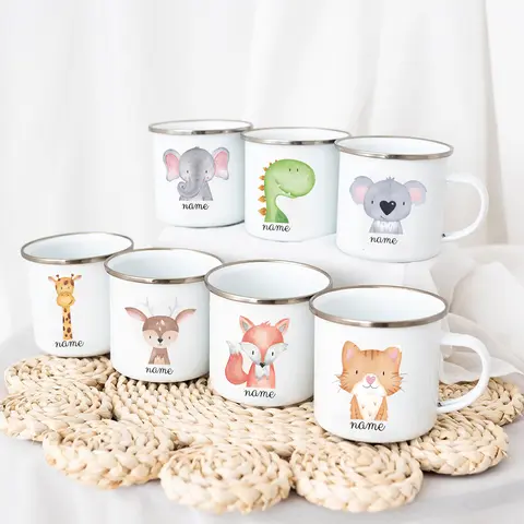 Baby Gift Gifts Enamel Cup Personalized Children's Mug Forest Animals Enamel Camping Cups with Name Gifts for Children