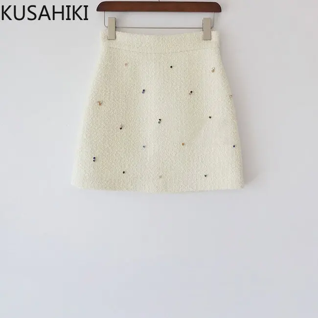 KUSAHIKI Autumn Winter New Bottoms Fashion High Waist Women Woolen Skirt Korean Chic Diamonds A-line Mini Skirts Mujer Faldas