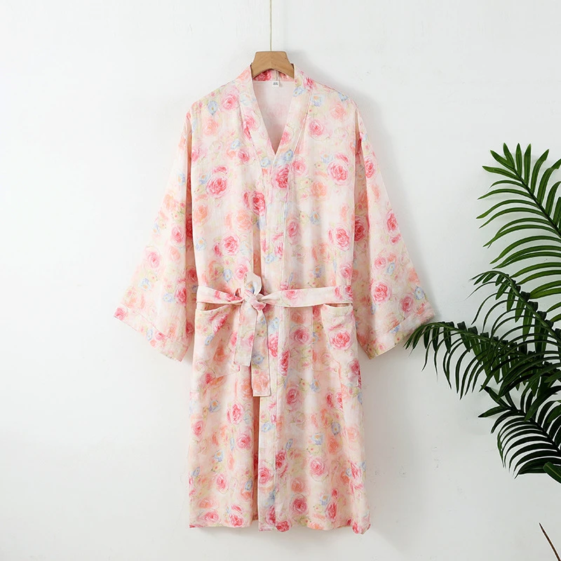 Abito da donna in puro cotone con stampa rosa, abito kimono, accappatoio da doccia traspirante, intimo sexy in stile giapponese, indumenti da notte