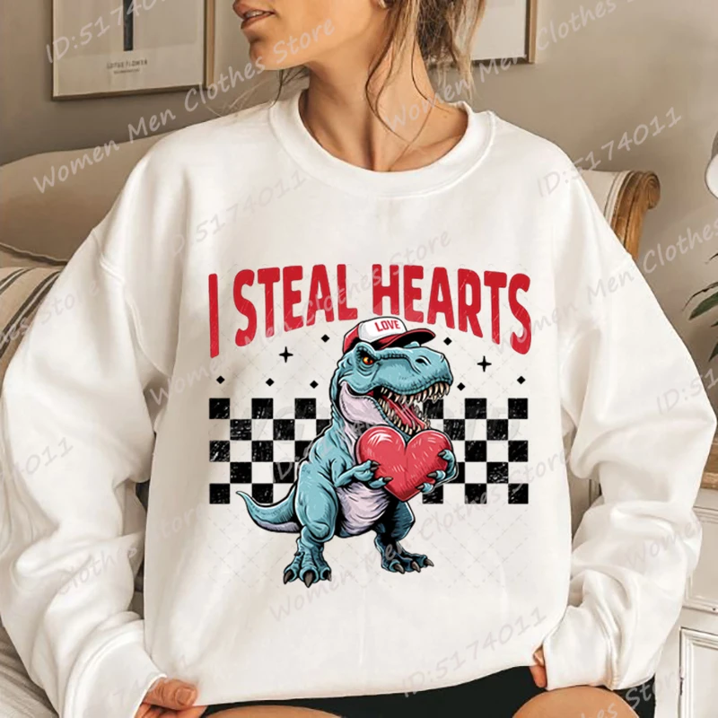 

Valentine's Day Dinosaur I Steal Hearts Print Oversize Ladies Hoodless Pullover Women Cool Soft Autumn Winter Fashion Sweatshirt