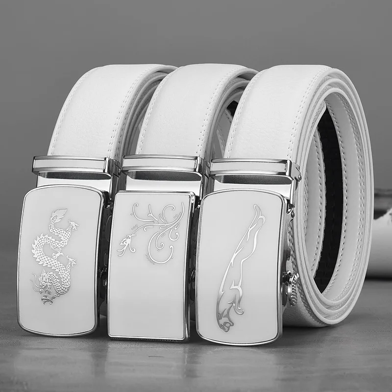 

White Automatic Buckle cowhide Belt Chic Casual Commercial Luxury Design Double-sided Genuine Leather Waistband for Men 2023 New