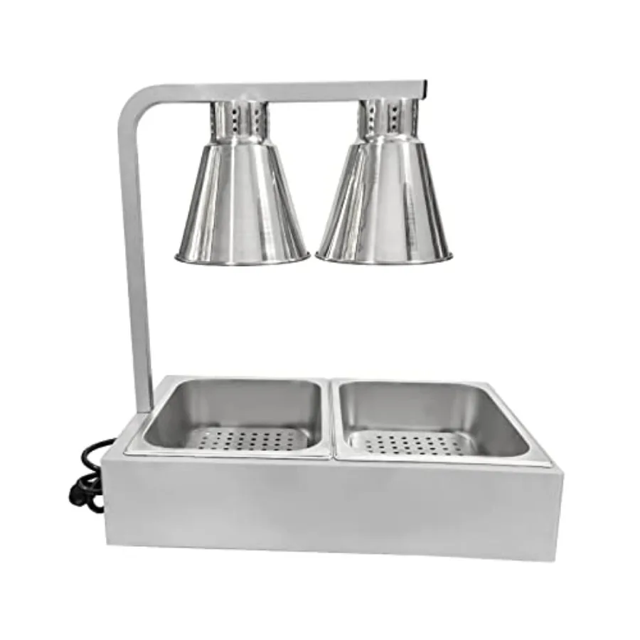 

Commercial portable French fry warmer with infrared heat lamp, stainless steel construction, black finish, dual bulbs and adjus