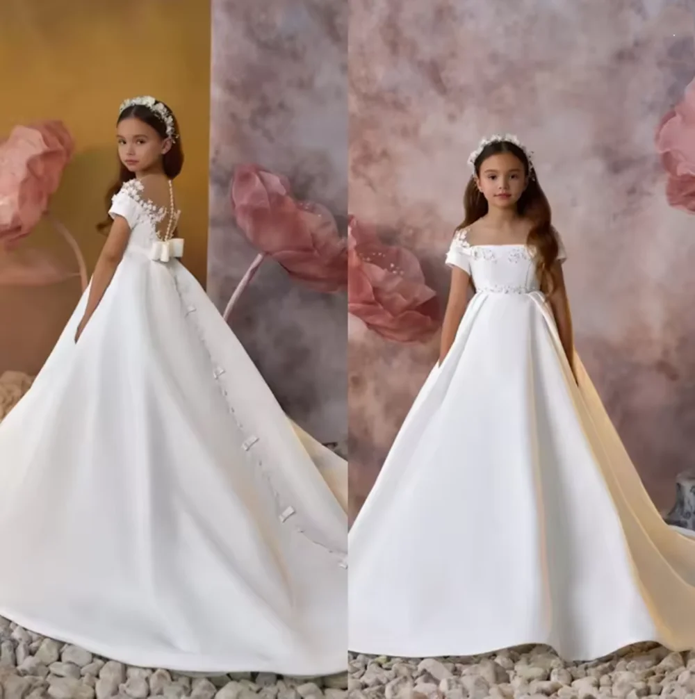 فساتين فتاة الزهور البيضاء لحفلات الزفاف من الساتان بطول الأرض للفتيات الصغيرات فستان حفلات للأميرة فساتين التواصل الأول