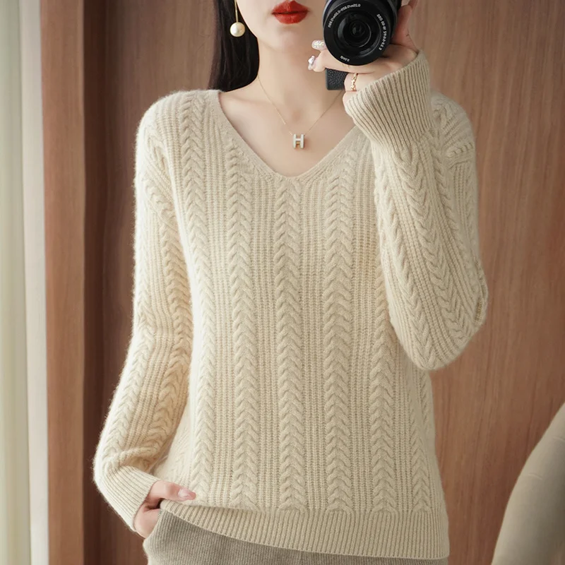 

100% Goat Cashmere Pullovers Winter Soft Warm Women Sweater Deep Vneck Tops for Ladies Full Sleeve Fashion Jumpers WL01