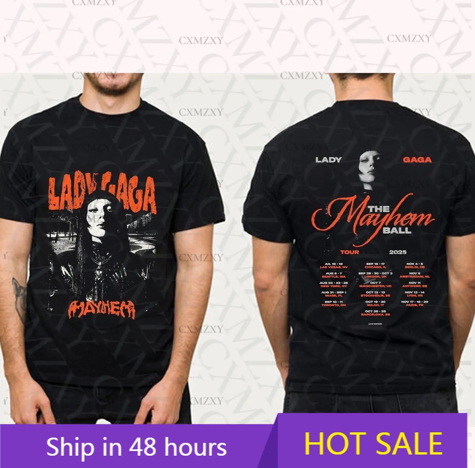 

Lady Gaga The Mayhem Ball Tour 2025 Tour wo Sides Unisex 100% Cotton T-Shirt