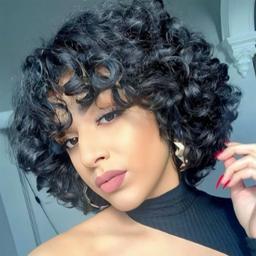 

100% Human Hair Short Bob Wig with Afro Loose Curls & Bangs, 200% Density, Rose Cap, Full Machine Made Human Hair Short Bob Wig