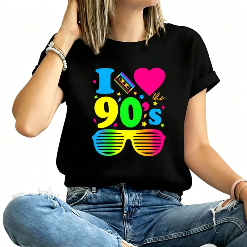 90S I Heart the Nineties Print Women's T-Shirt 100% Cotton Funny Graphic Short Sleeve Tee Novelty Shirt Casual Crew Neck Top S-5Xl