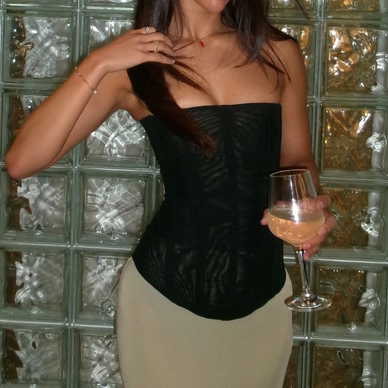 المرأة عالية الخصر هيكل السمكة الخصر مشد أعلى Bodycon أكمام شبكة سترة المحملة Y2K الصيف بلون مثير تانك القمم