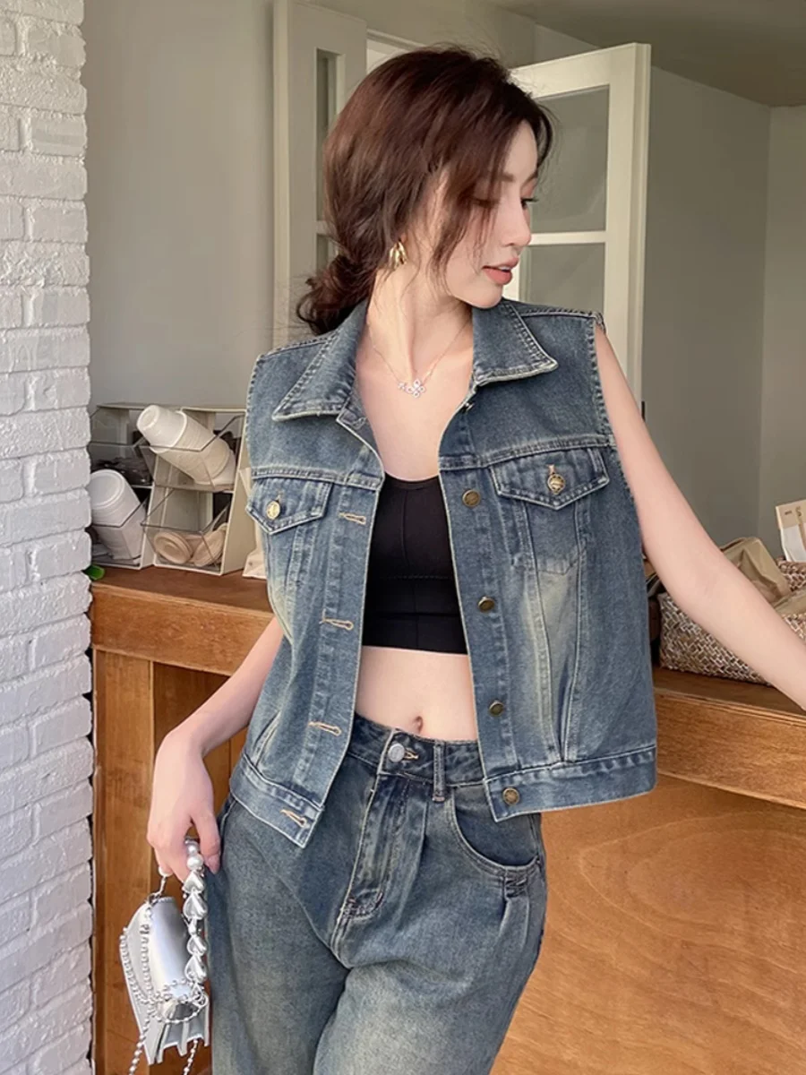 

Ретро-жилет из денима в гонконгском стиле для похудения, женский, весенне-осенний, многослойный, повседневный, универсальный, укороченный топ