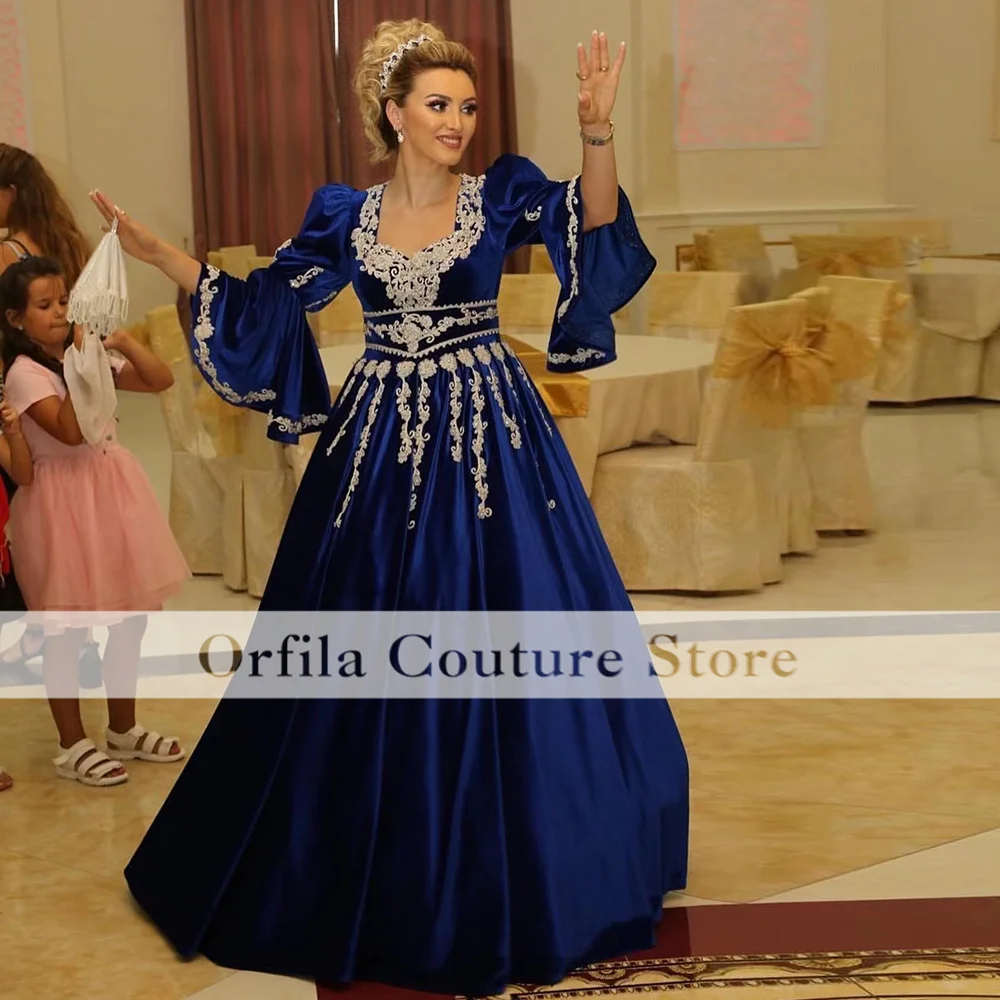 Traditional Kosovo Blue Evening Dresses For Women Party Gowns Long Sleeves Appliqued Prom Dress Vestidos De La Celebridad