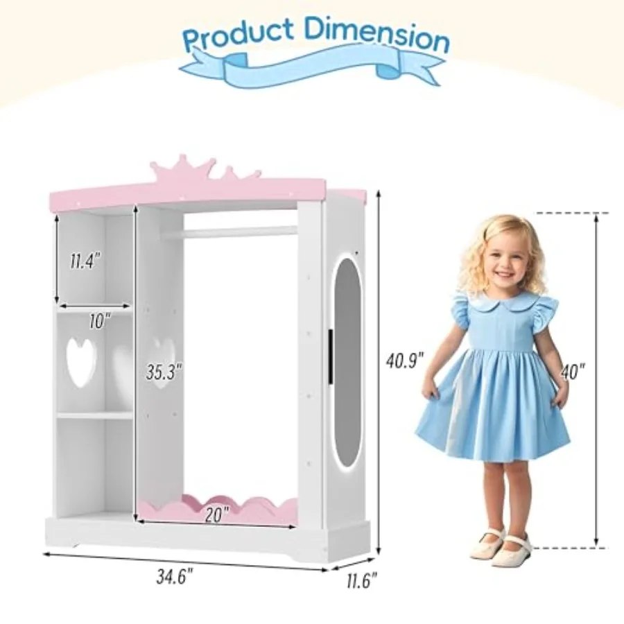 Closet with Jewelry Cabinet Dress up Storage with Shelves Mirror Costumes Wardrobe Closet with Hanging Rack for Toddlers Organi