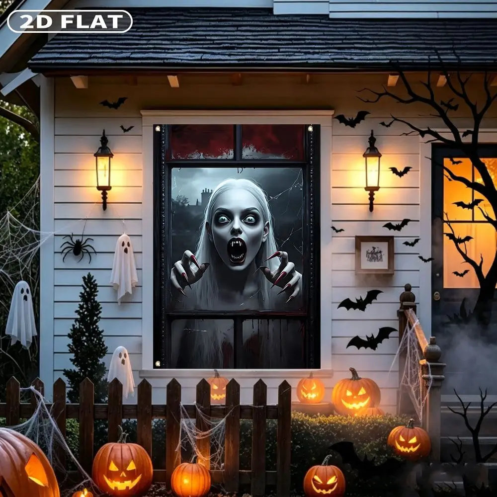 2D FLAT 1pc Party Banner, Halloween Window Cover with Scary Vampire Woman Pressing Against Window Glass,122x88cm, Polyester