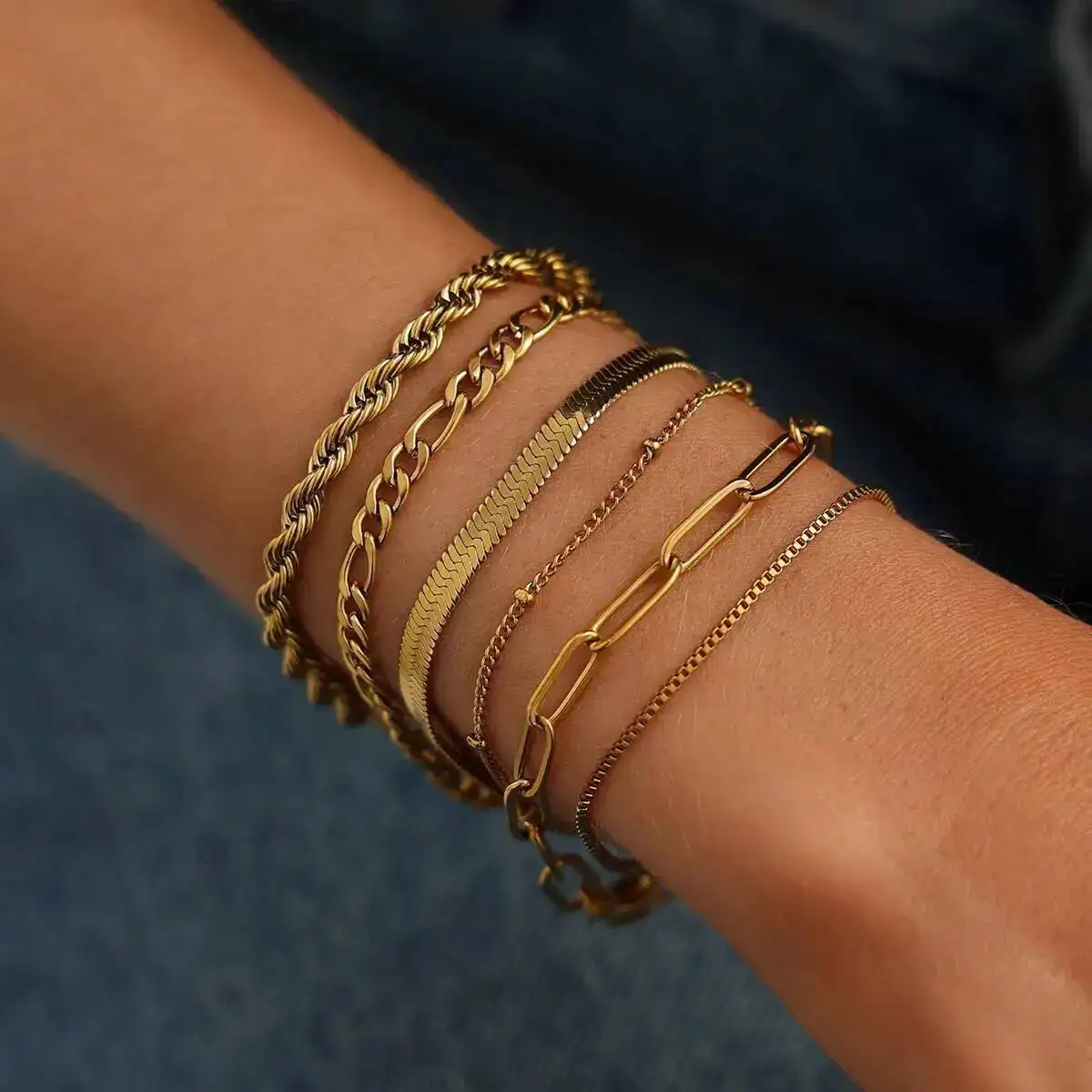 SHIXIN 6Pcs/Set Vintage Stainless Steel Connect Finger Chain Bracelets for Women on Hand Gold Color Snake Chain Bangles Jewelry