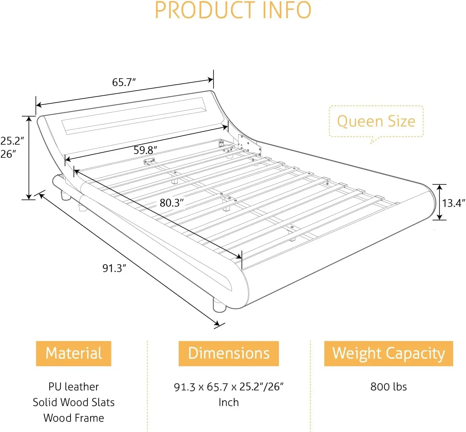 LED Queen Bed Frame with Adjustable Headboard - Low Profile Sleigh Design, Strong Wood Slats Support and Mattress