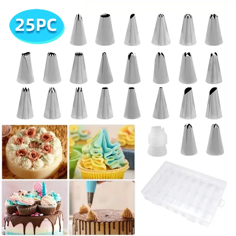 24-teiliges Edelstahl-Kuchenleitungsdüsen-Set – Zuckerguss-Spitzen, Düsen und Konverter für Buttercreme, DIY-Kuchendekorations-Backwerkzeuge