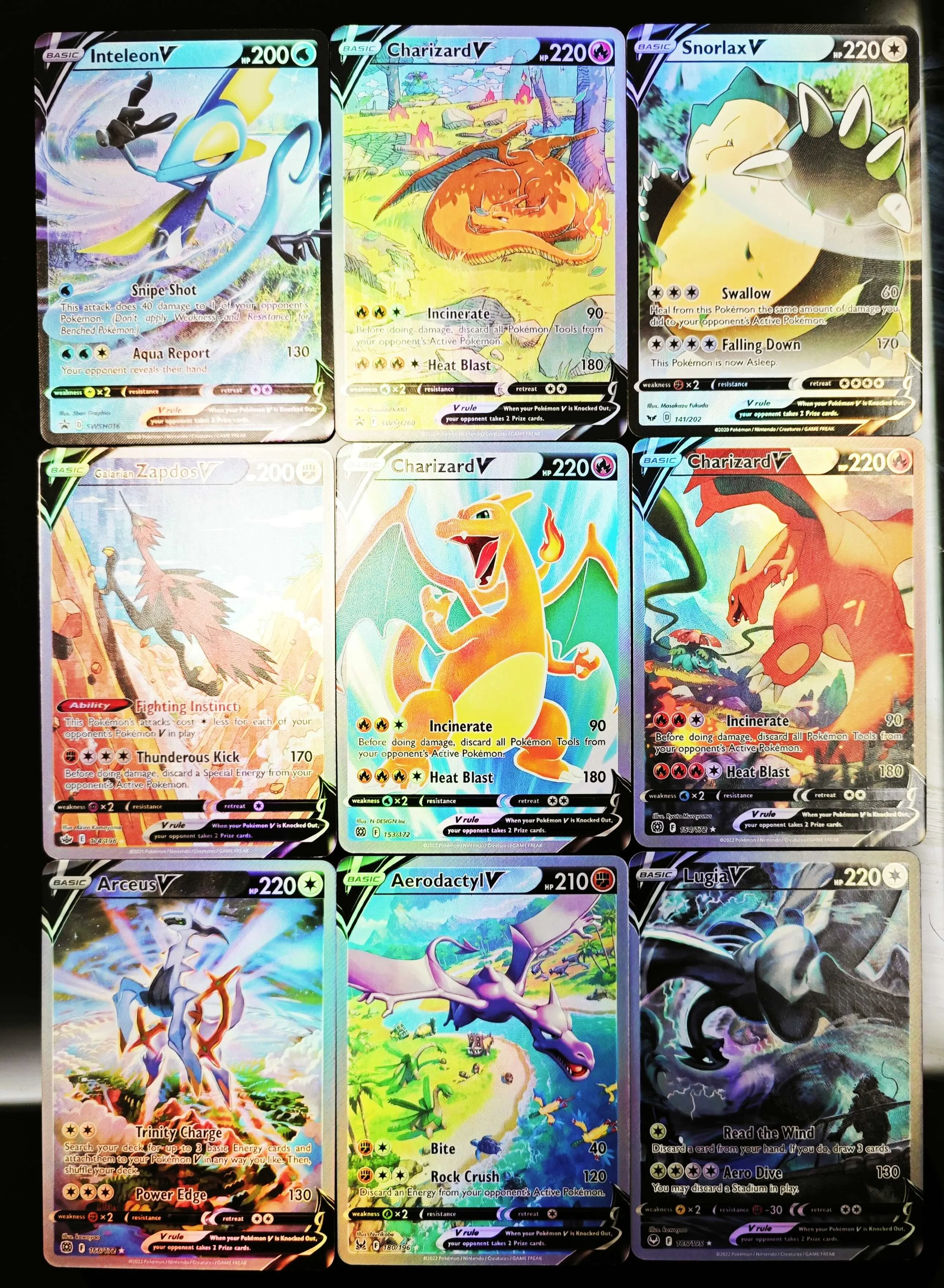 9Pcs/set DIY PTCG Pokemon Card Holographic Color Flash  Anime Figure Collection Card Toy Inteleon Snorlax Zapdos Arceus Lugia