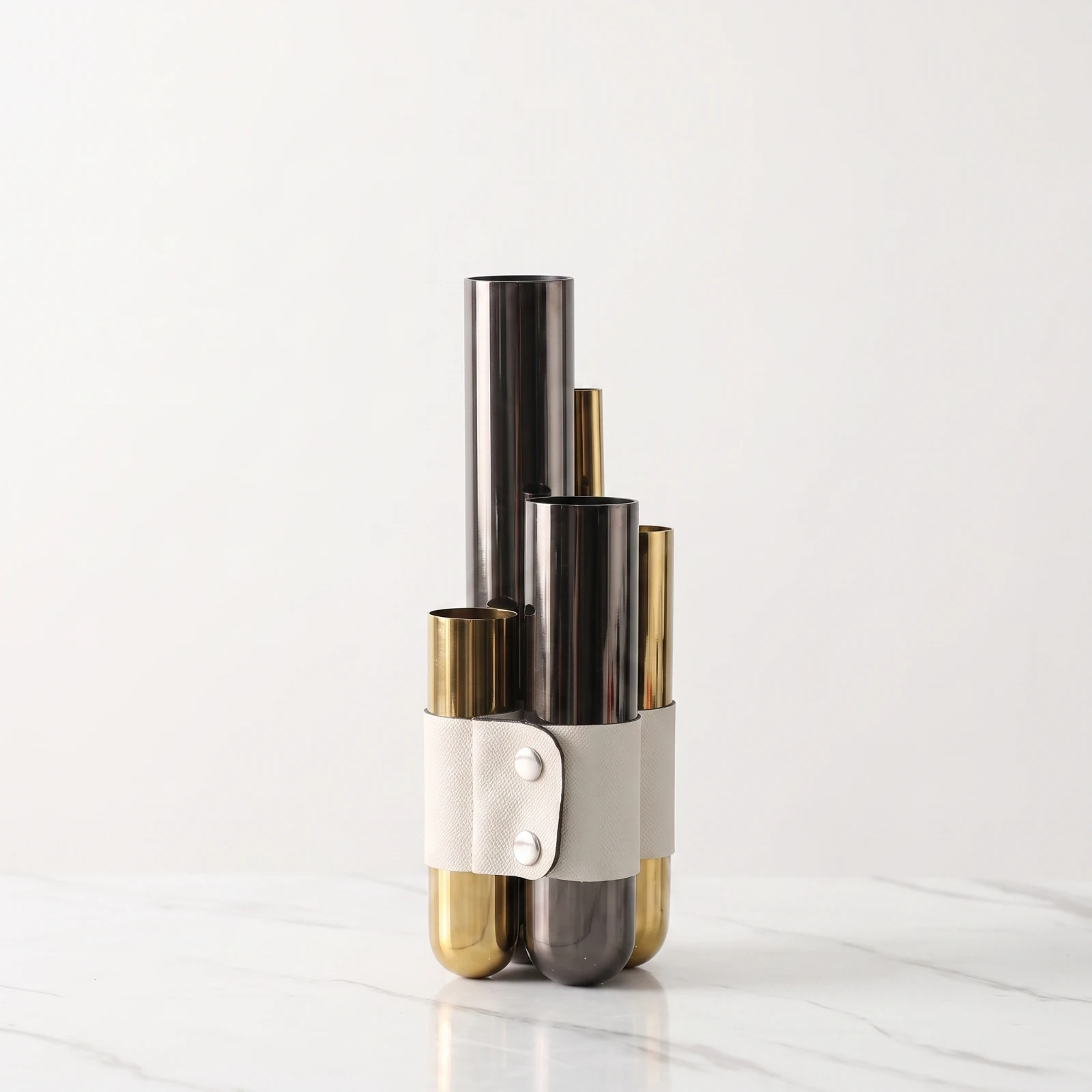 Metal Vase with Leather Wrap Modern Metal Vase Flower Holder Decorative Vessel Minimalist for Decorators, Living Room