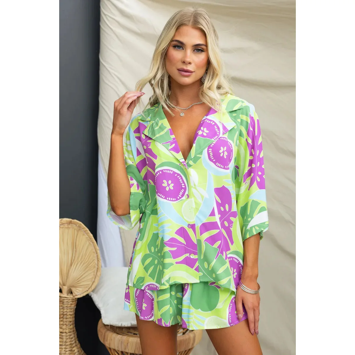 

Fashion Printed 2 Piece Set Summer New Vacation Loose Lapel Single Breaked Half Sleeve Shirt Elastic Waist Shorts Set For Women