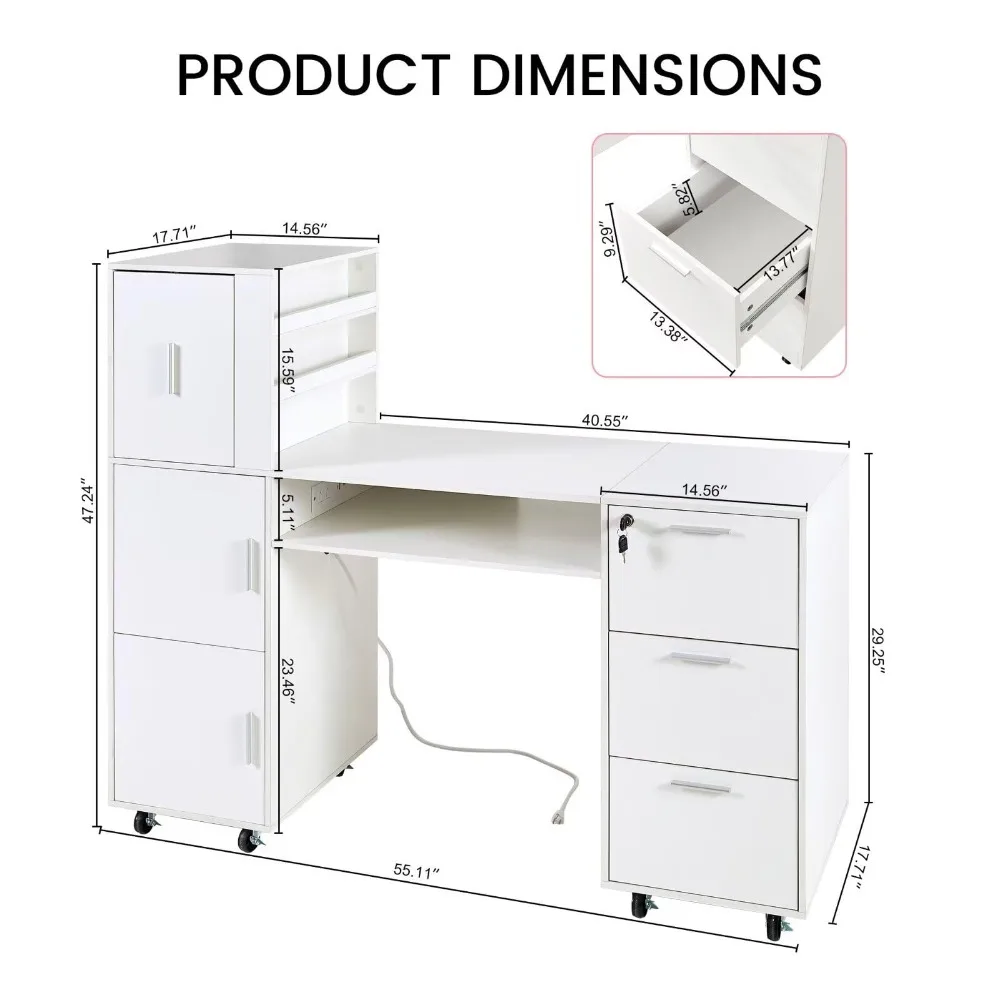 Nail Desk for Nail Tech, Professional Manicure Table Nail Station with Power Outlets,Storage Drawers & Cabinet for