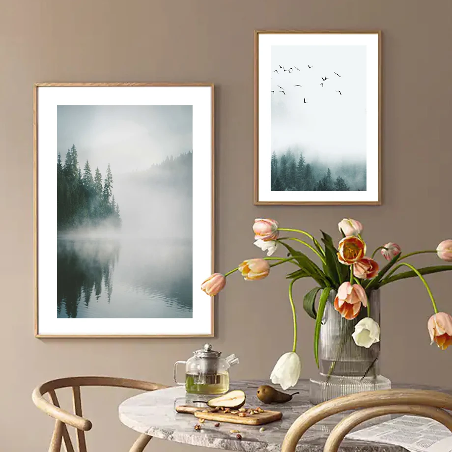 Misty Forest Lake Landscape Wall Art Canvas Print Nordic Nature Scenery Poster Birds Wall Painting For Living Room Home Decor