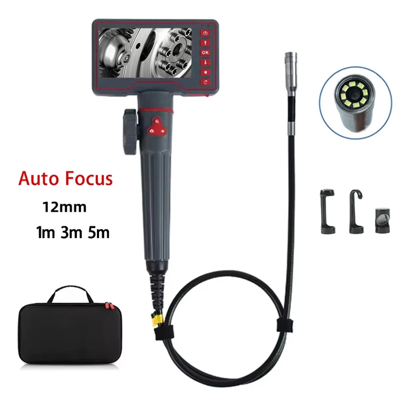 New 12mm Auto Focus Industrial Endoscope Two-way 180° Rotating Articulating Borescope With 5inch Screen For Car Sewer Inspect