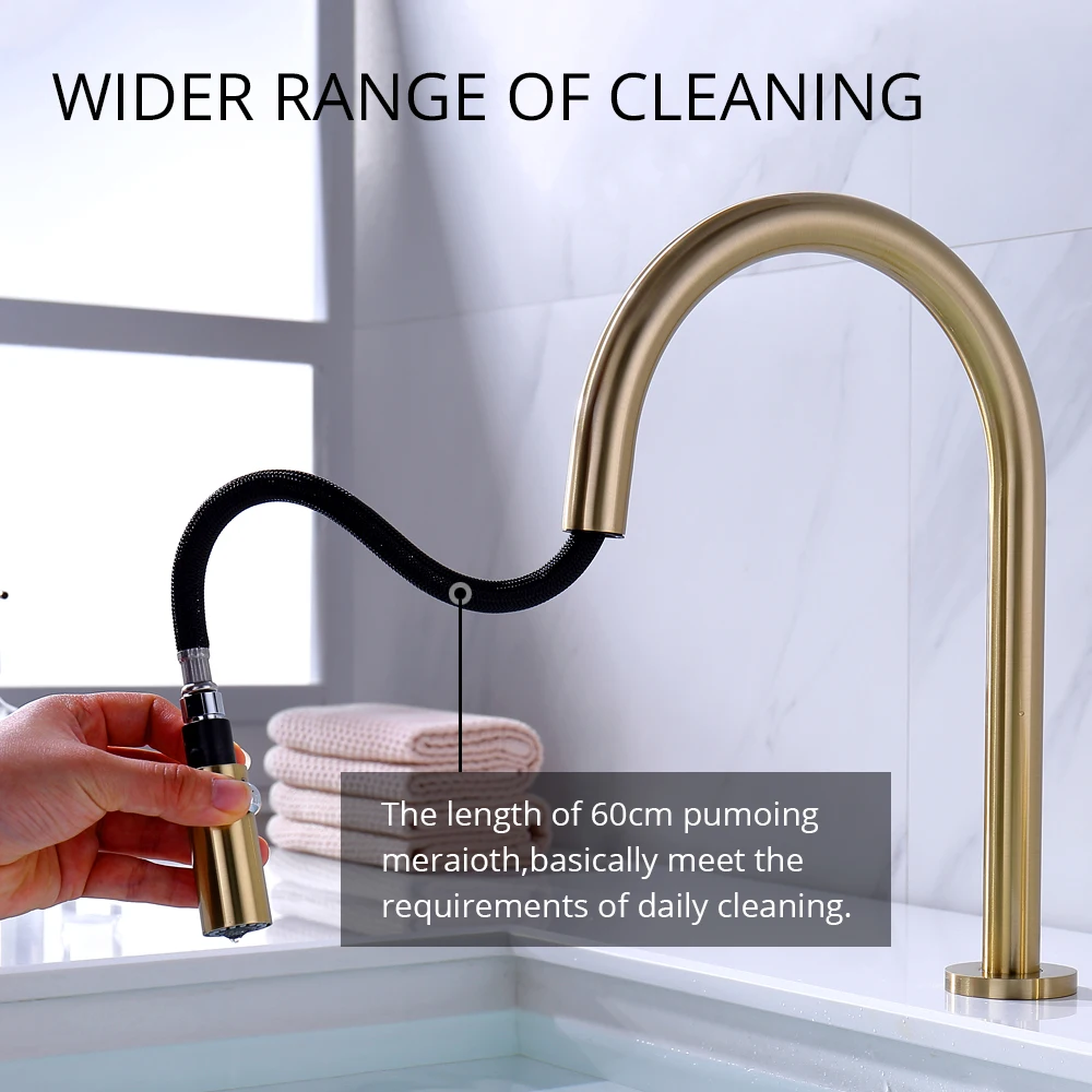 Vidric Dual Holes Singe Handle Design Faucet Kitchen Sink Faucet Matt Burnish Gold Brass Double Hole Pull Out Deck-Mount Mixer T