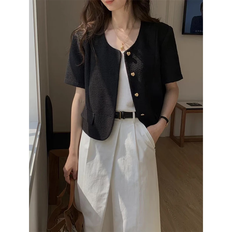 Korean Short-sleeved Blazer Women 2023 Summer Luxury Tweed Jacket Pink Love Button Cropped Top Casual Fashion Short Black Coat