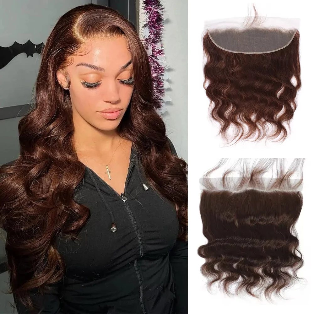 4 #   Шоколадно-коричневый объемная волна, прозрачная кружевная застежка 13x4, кружевная фронтальная часть, предварительно выщипанная с детскими волосами, парик из 100% человеческих волос